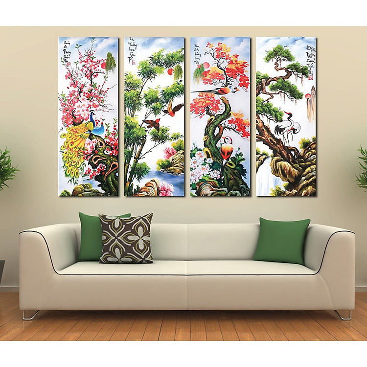 Bộ 4 tấm tranh treo tường Tứ Quý TQNew1 /Gỗ nhập khẩu Hàn Quốc-Bo viền,chống lóa,ẩm mốc,mối mọt