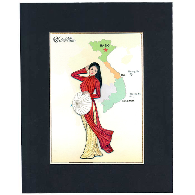 Tranh Giấy Xoắn Nghệ Thuật size 20x25cm - Cô Gái Bên Tà Áo Dài Đỏ.