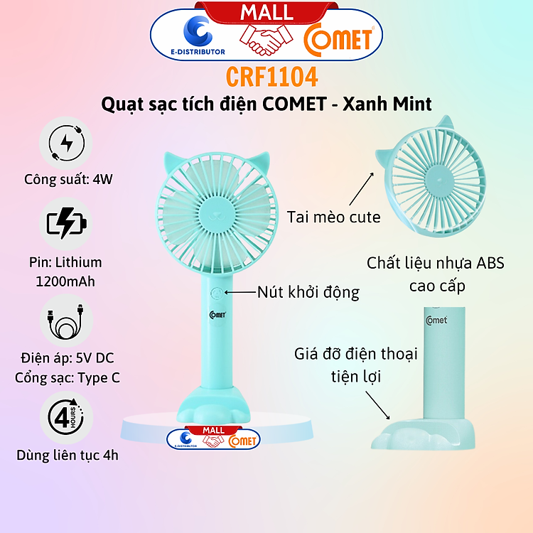 Quạt Sạc Tích Điện Cầm Tay Comet CRF1104 - Công Suất 4W - Dùng Liên Tục 4H - Hàng Chính Hãng - Bảo Hành 12 Tháng