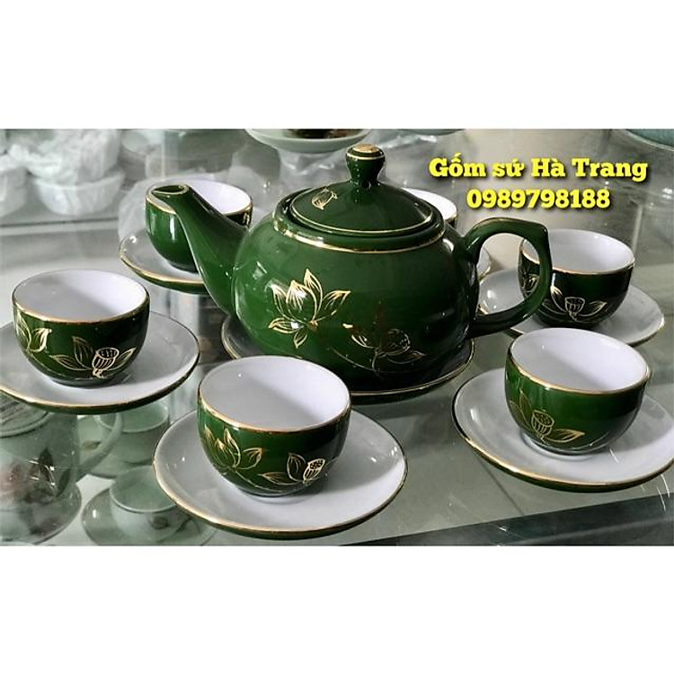 Ấm chén men xanh lòng trắng vẽ hoạ tiết sen vàng kim Gốm sứ Bát Tràng cao cấp