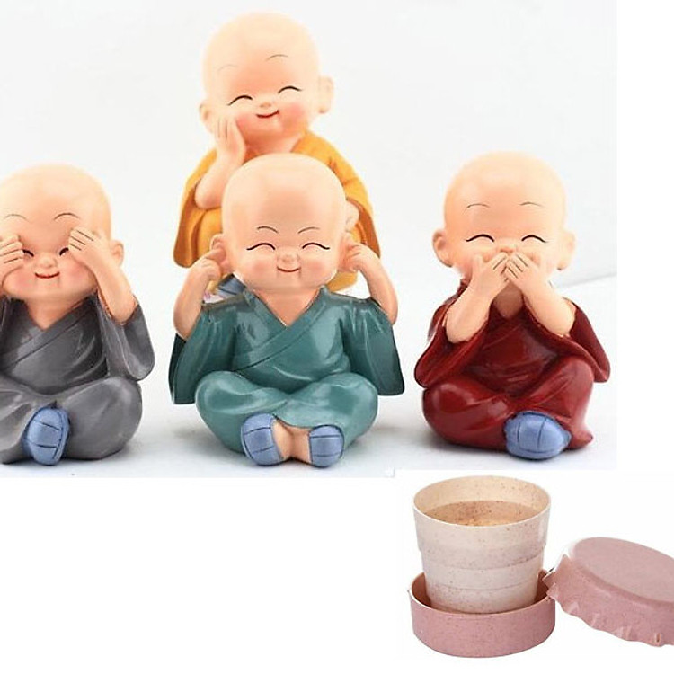 Bộ tượng 4 chú tiểu 4 không để bàn tặng cốc uống nước lúa mạch gấp gọn