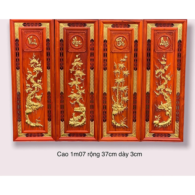 Bộ tranh điêu khắc tích tứ quý bốn mùa trong năm ,xuân ,hạ ,thu,đông bằng gỗ hương đỏ ,kt 37×107×3cm