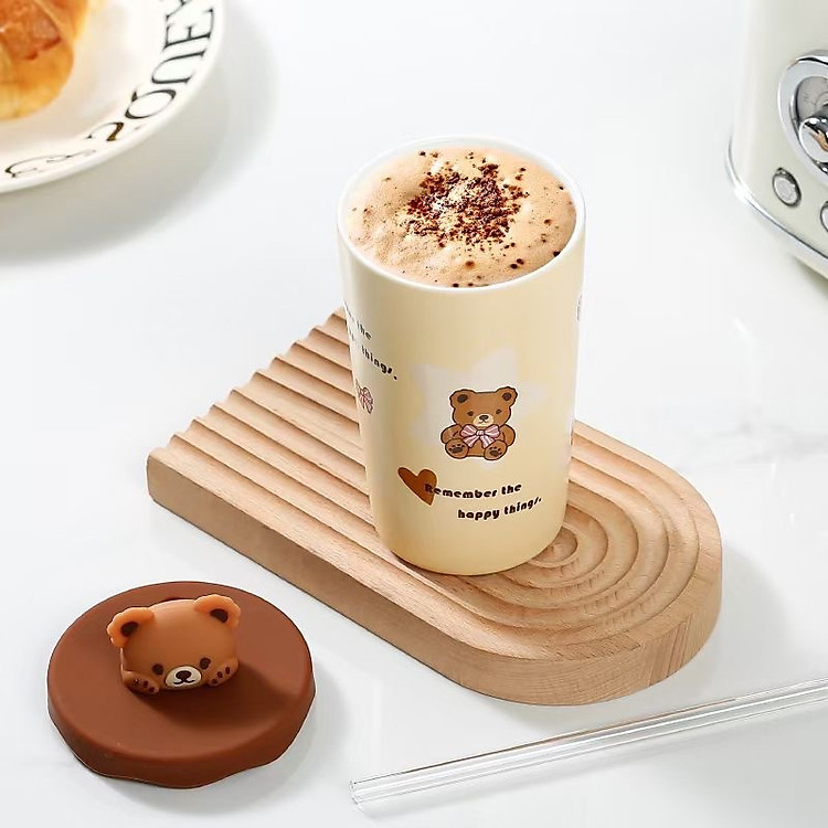 Ly gốm sứ d&aacute;ng cao đầu gấu k&egrave;m nắp silicon 420ml (N&acirc;u) - Ảnh 6