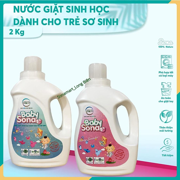 Nước giặt sinh học cho trẻ sơ sinh SONA baby 2kg, giặt xả quần áo 2 trong 1 mềm mại lưu hương