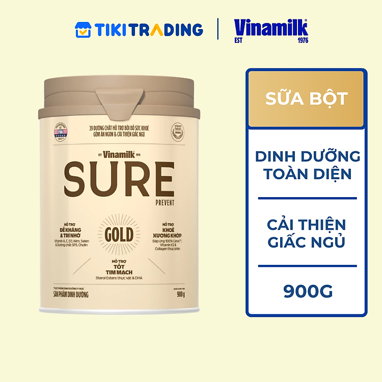 Sữa bột cho người lớn tuổi Vinamilk Sure Prevent 900g (Hộp thiếc) - bổ sung dinh dưỡng và tăng cường sức khỏe