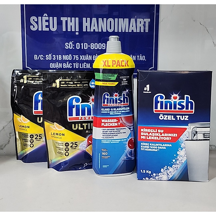 Combo Viên rửa bát Finish Quantum Ultimate 50 viên + Muối Finish làm mềm nước 1.5kg + Nước làm bóng bát Finish 800ml cho máy rửa bát