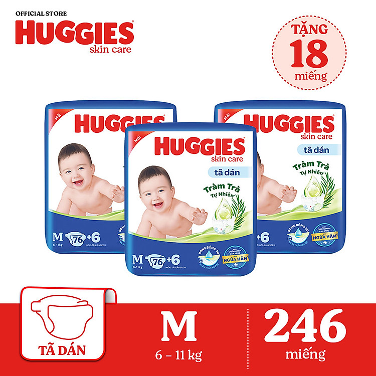 Combo 3 Tã dán Huggies Skincare Super Jumbo M 76+3 Miếng