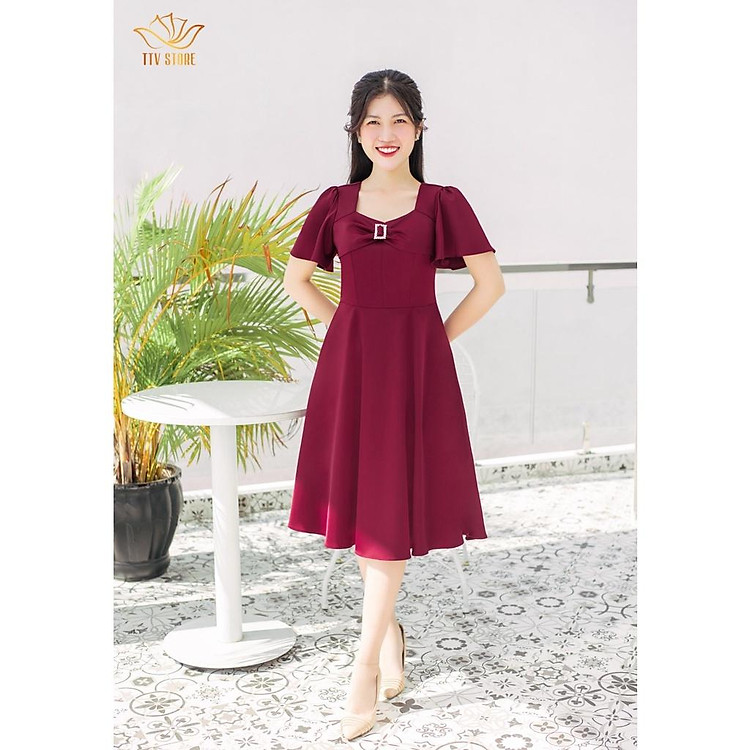 Đầm xòe - Cổ lục giác phối nơ tay lơ - CD - Đỏ mận - TTV721