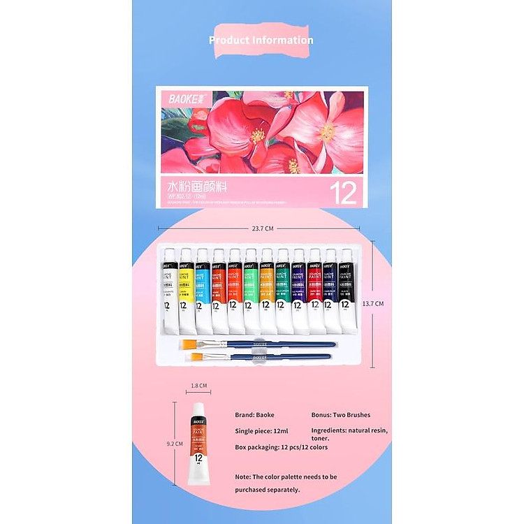 Màu bột Gouache dạng tuýp 12ml (12 màu) - Ảnh 3