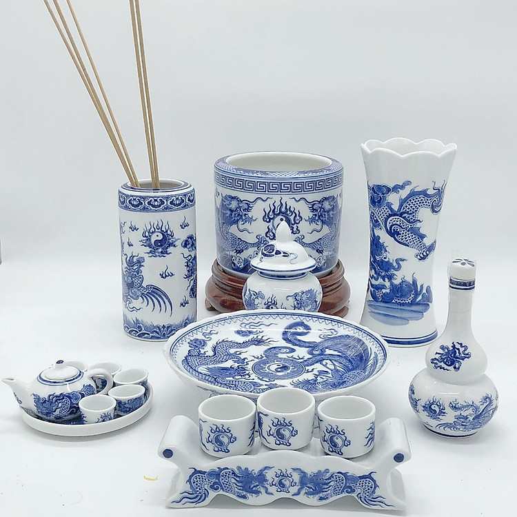 Bộ đồ thờ thổ công/thần tài 8 món men xanh lam - Lưỡng Long mây