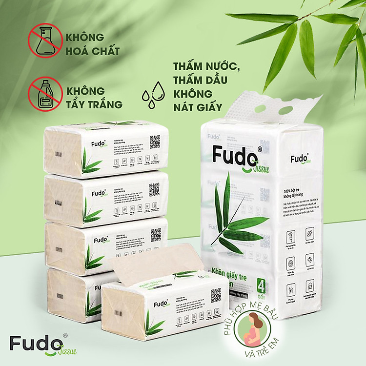 Khăn giấy khô Fudo® TISSUEPack™ từ tre không bụi vụn, không tẩy trắng - 2 Túi lớn - 08 gói/130 tờ - 03 lớp siêu thấm