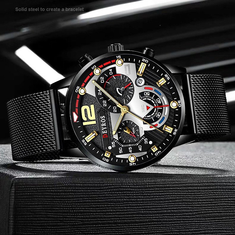Đồng hồ nam cao cấp DEYROS dây thép lụa đen chạy lịch ngày phong cách thể thao khỏe khoắn