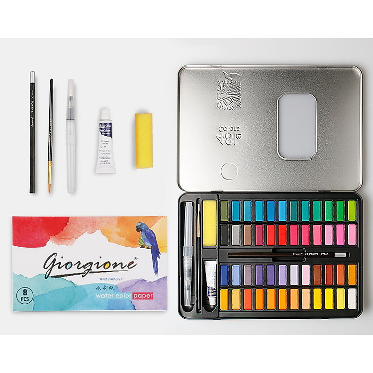 Bộ 48 màu nước vẽ Cao Cấp- Tặng kèm Bút Nước,Bút Lông, Bút Chì, Miếng Mút, Giấy vẽ