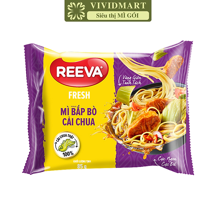 UNIBEN - Mì Reeva Fresh hương vị Bắp bò cải chua (cói gói cải chua thật), Mì bắp bò dưa chua Reeva (85g/gói)
