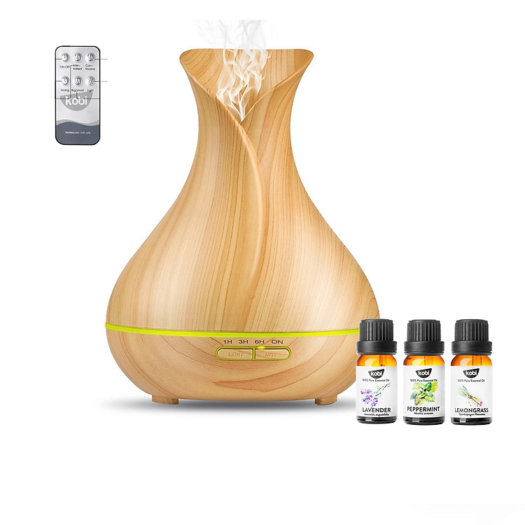 Máy Khuếch Tán Tinh Dầu Tulip | Phun Sương Sóng Siêu Âm Giúp Đuổi Muỗi | Tặng 3 Chai Tinh Dầu Kobi Sả Chanh + Bạc Hà + Oải Hương Nhập Khẩu Ấn Độ | Xông Phòng 30m2