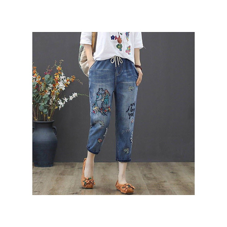 Quần bò jean baggy thêu họa tiết gấu và cô gái QB31