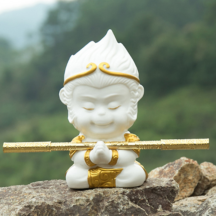 Tượng Chibi Mỹ Hầu Vương 11.5cm bằng gốm trắng kèm gậy như ý - mẫu chấp tay