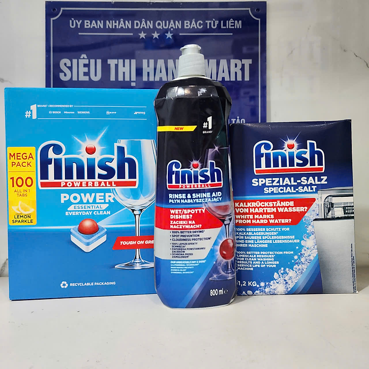 Combo viên rửa bát Finish All in 1 100 viên + Muối Finish 1,5kg + Nước làm bóng Finish 750ml