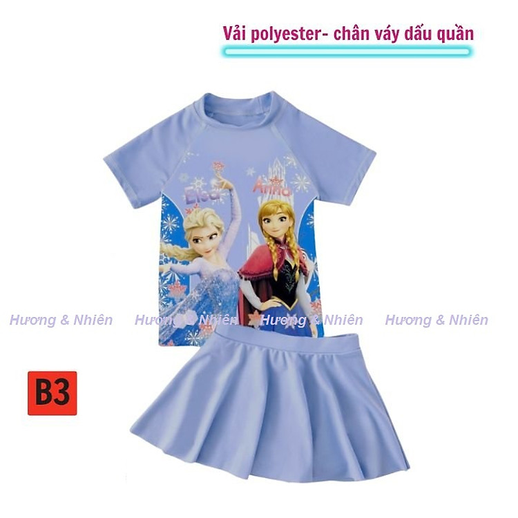 Đồ bơi bé gái tay ngắn chân váy hình Elsa - Anna từ 11-40kg, quần giả váy tạo cảm giác tự tin-kín đáo