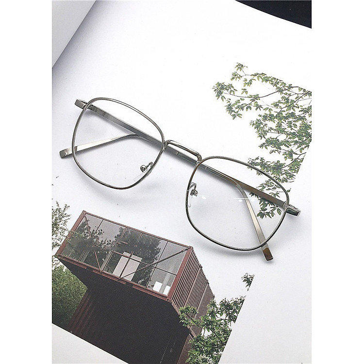 Kính Giả Cận Nam Nữ Gọng Kính Cận Không Độ Mắt Vuông Gọng Bạc Cứng Cáp