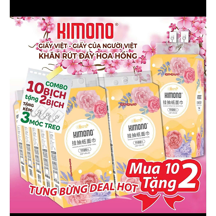 COMBO 10 bịch giấy treo tường đa năng KIMONO hoa VÀNG 4 lớp dạng rút 1100 tờ tặng kèm 2 móc treo đôi
