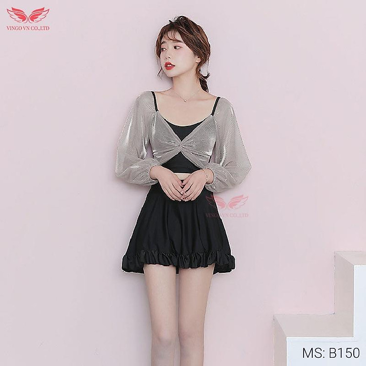 Đồ bơi Bikini nữ 2 mảnh đi biển mùa Hè VINGO áo croptop tay bồng tiểu thư và váy xòe cạp cap che bụng kín đáo B150 VNGO