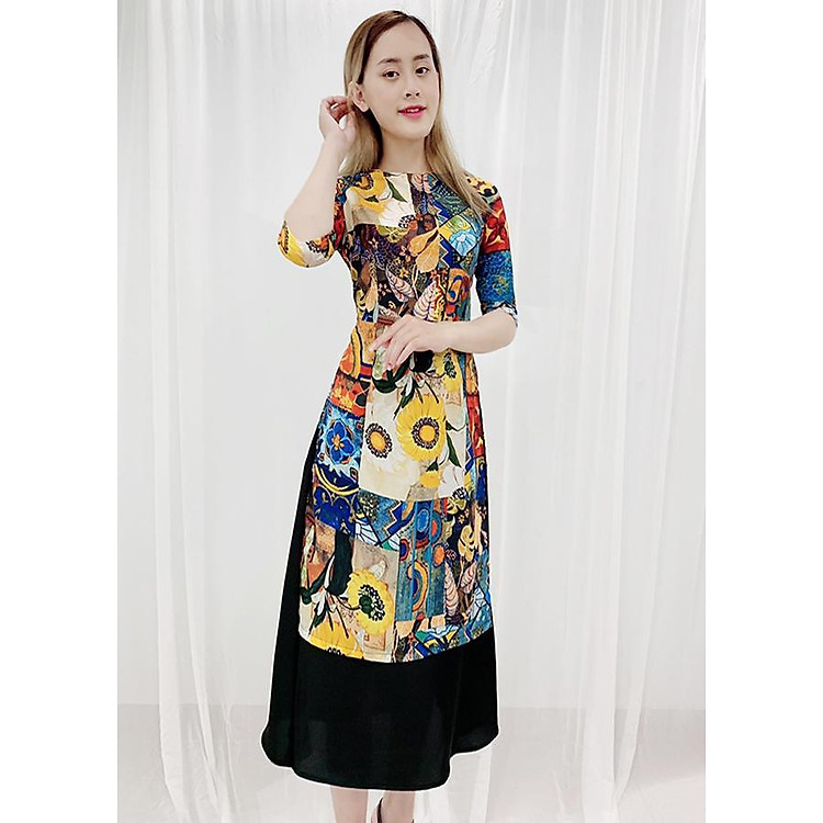 Áo Dài Cách Tân Kiểu Áo Dài In 3D Họa Tiết Hoa Hướng Dương Nền Trắng Xanh ROMI 3148 (Không Kèm Váy)