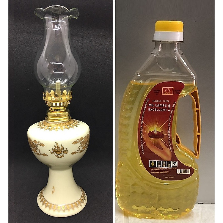 Đèn thờ đốt dầu gốm sứ kèm chai dầu đốt đèn 500ml - AN13036