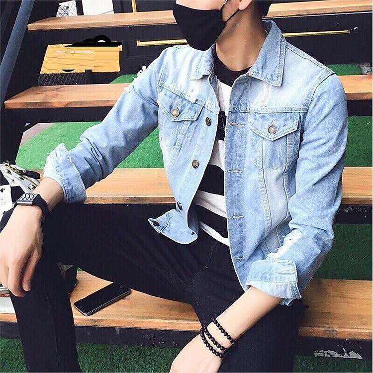 áo khoác jean nam xanh nhạt rách đẹp y hình - Ảnh 2