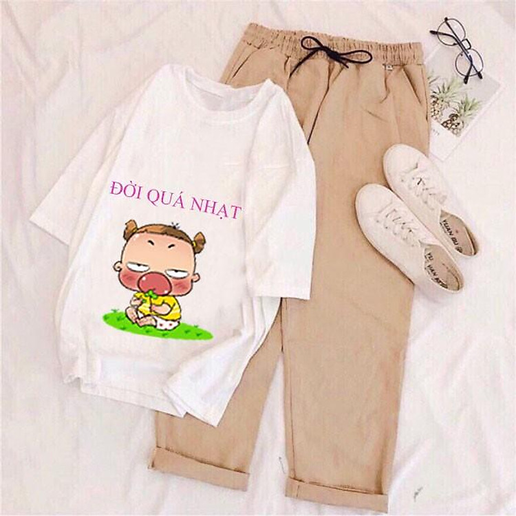 Sét Bộ Đồ Quần Áo Nữ Đẹp Giá Rẻ Xinh Cute, Áo Thun Phông Cotton Organic In Đời Qúa Nhạt Kèm Quần Kẻ Thô & Jogger Kaki