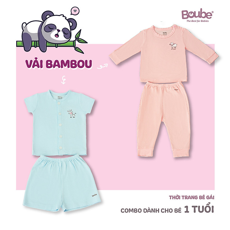Combo tiết kiệm, 2 bộ quần áo cho bé gái 1 tuổi Boube, chất liệu vải sợi tre Bamboo thông minh, thoải mái - Size 9-18M