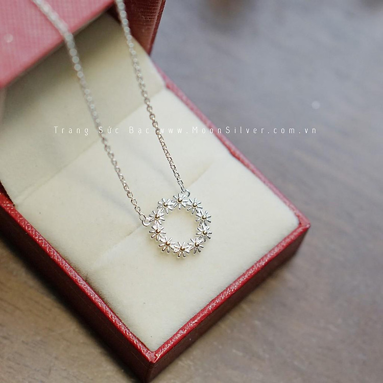 Dây chuyền bạc họa tiết vòng tròn hoa cúc