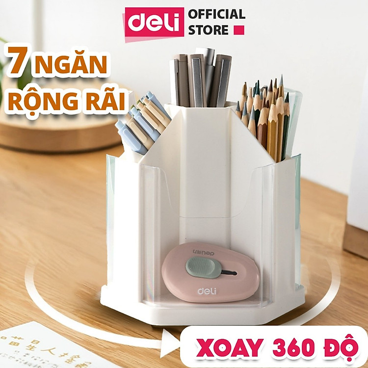 Ống Bút Xoay 360 Độ Deli - Hộp Đựng Bút Tròn Nhiều Ngăn Tích Hợp Giá Đỡ Điện Thoại - Ảnh 4