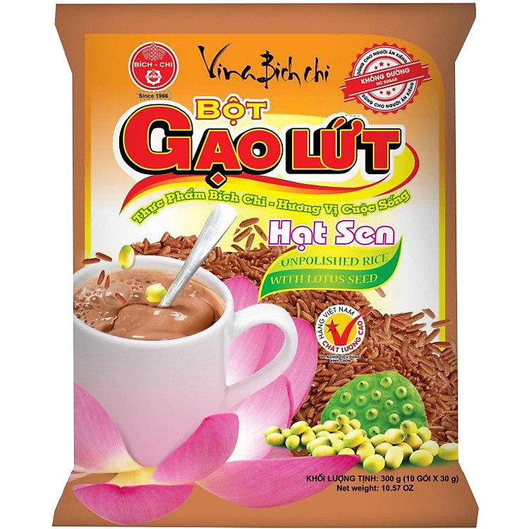 Bột gạo lức hạt sen Bích Chi không đường (30g x 10 túi/gói)