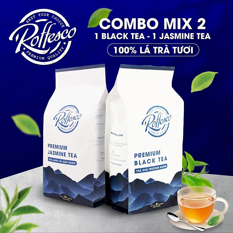 Combo 2 Trà Xanh Lài Và Trà Đen ROFFESCO PREMIUM JASMINE & BLACK TEA 100% Lá Trà Tươi Túi 500g