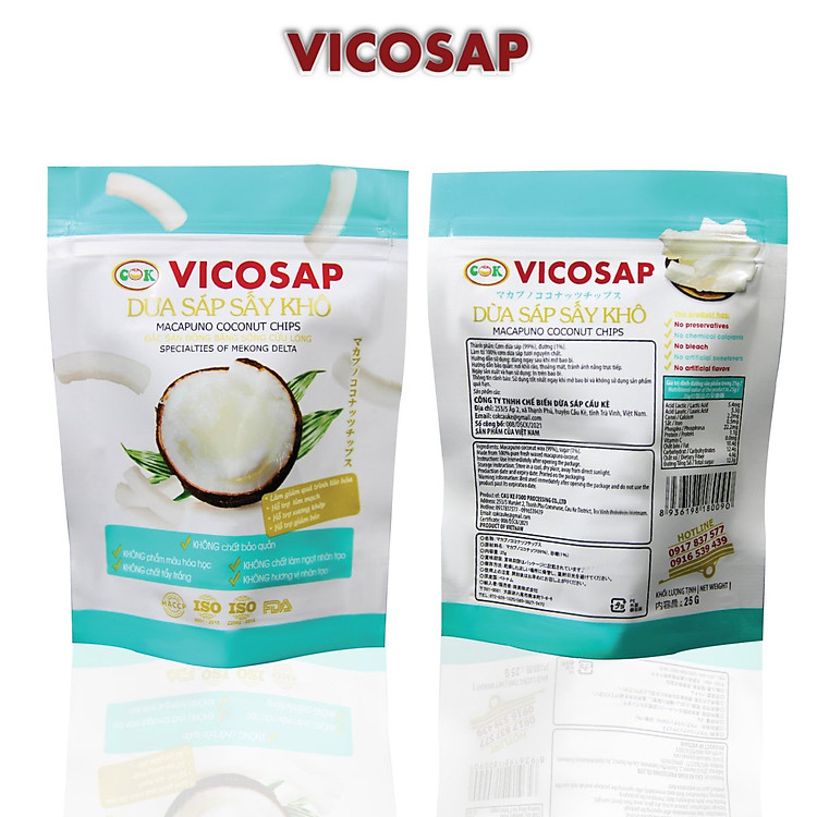 Dừa sáp sấy giòn cao cấp VICOSAP ít đường đồ ăn vặt healthy đặc sản Trà Vinh hộp 25g