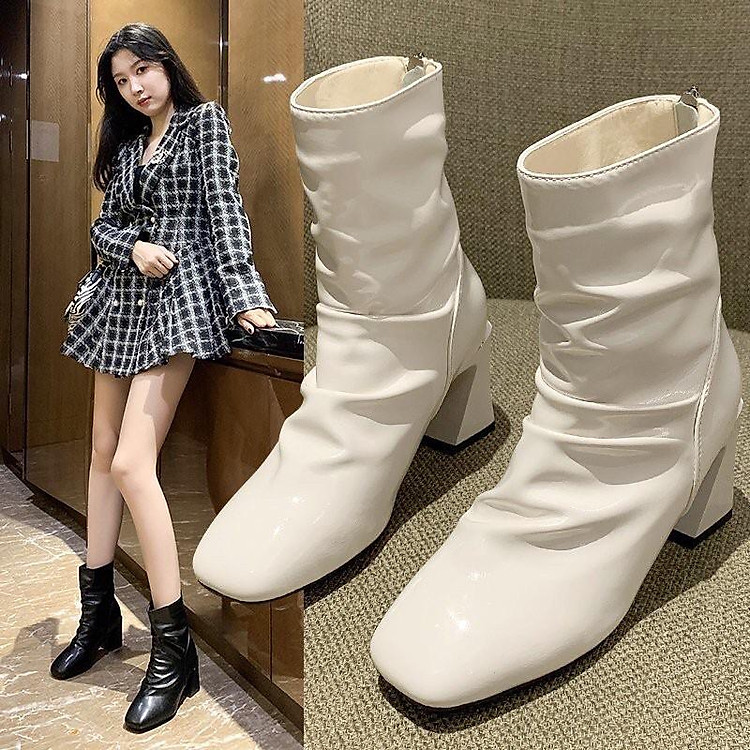 Giày Boot Cổ Thấp 7Cm Da Nhăn Bóng