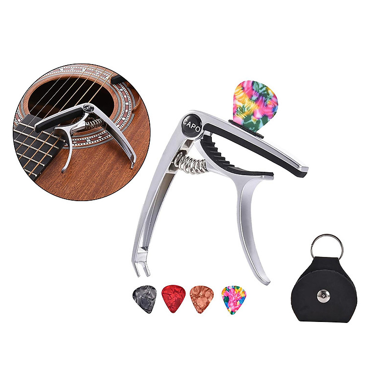 3in1 Alloy Universal Guitar Capo with 5 Picks and Leather Pick Holder for Acoustic Guitars Electric Guitar Ukuleles Mandolins Bass Guitars