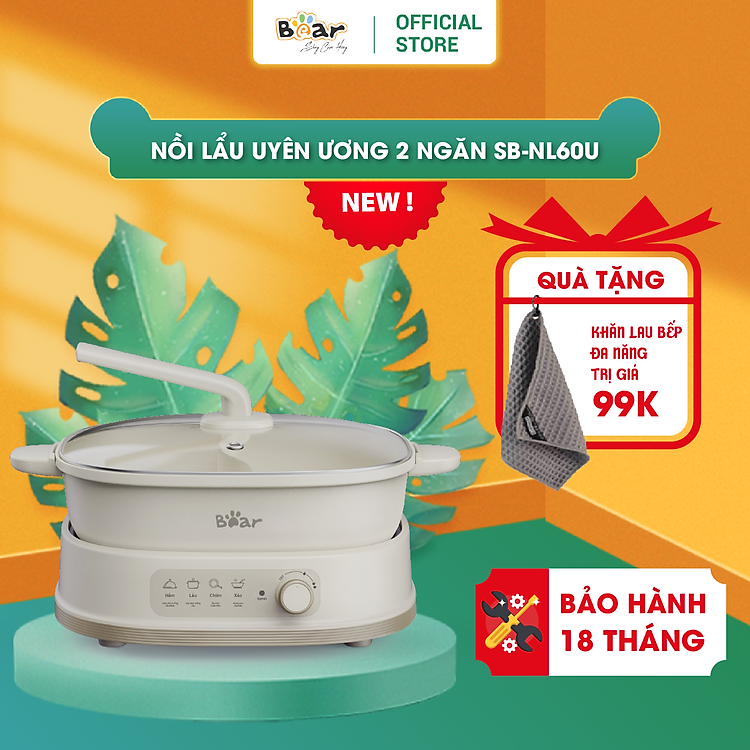 Nồi Lẩu 2 Ngăn Bear Đa Năng Nhiều Chế Độ Nấu Lẩu Hầm Ninh Chiên Rán Xào Chống Dính Cực Tốt Kháng Khuẩn 99,99% - SB NL60U HÀNG CHÍNH HÃNG