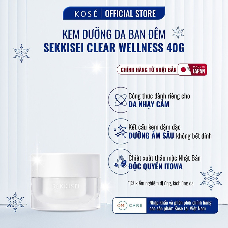 Kem Dưỡng Ẩm Ban Đêm Sekkisei Phục Hồi, Cấp Ẩm, Làm Sáng Da Cho Da Nhạy Cảm Sekkisei Clear Wellness Kose Nhật Bản 40g