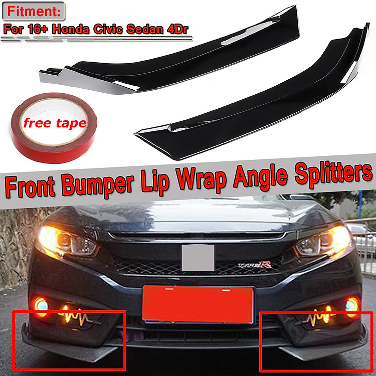 2Pcs Gloss Black Front Bumper Lip Body Kit Spoiler Splitter For Honda Civic 2016-2018