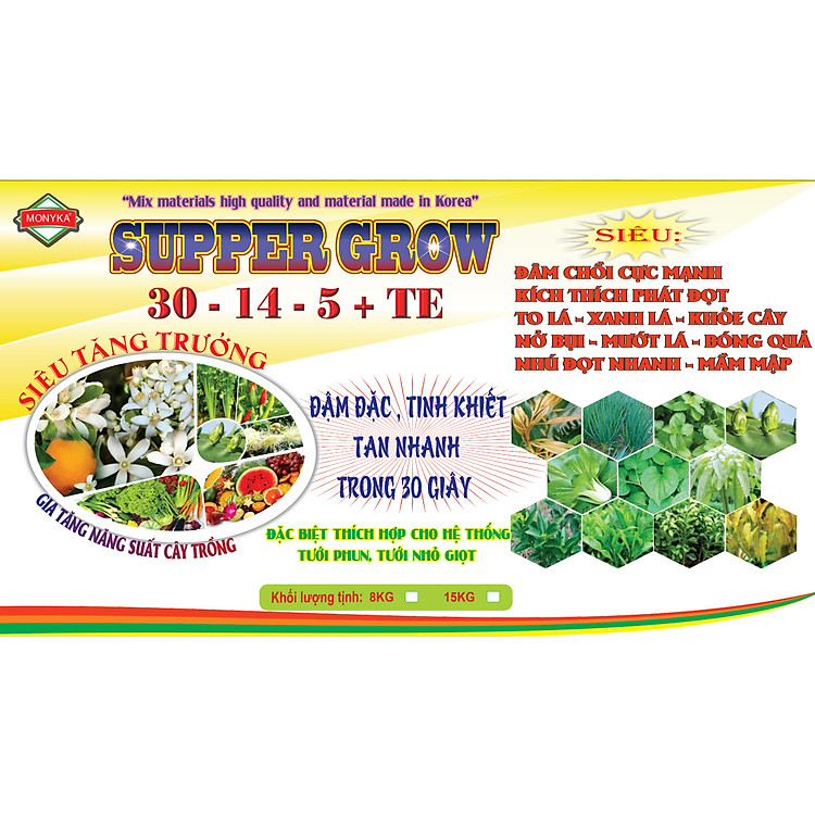 PHÂN BÓN TƯỚI PHUN , TƯỚI NHỎ GIỌT, RẢI GỐC - XÔ 15KG PHÂN BÓN TĂNG TRƯỞNG NPK 30-14-5 TE , LỚN LÁ , TO LÁ, LỚN TRÁI , DÀI THÂN , MẬP THÂN , MẬP NỤ