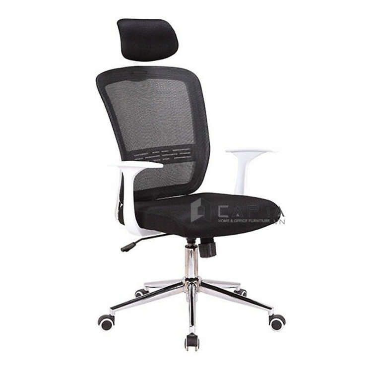 Ghế làm việc dành cho Quản lý Trưởng phòng CM4284-M Nội thất Capta Lưng lưới có tựa đầu cao nệm vải nhập khẩu tay tựa chữ T chân xoay thép mạ chrom cao cấp hcm