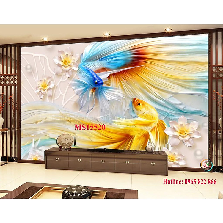 Tranh dán tường cá 3D - tranh cá đẹp - vải lụa kim tuyến