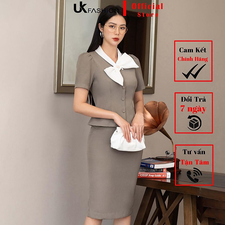 Set Đồ Công Sở Nữ Thời Trang UK Fashion Chân Váy Cơ Bản Kết Hợp Áo Cổ Nơ, Vải Nhập Hàn Cao Cấp, Mềm Mượt, NKBD2201002