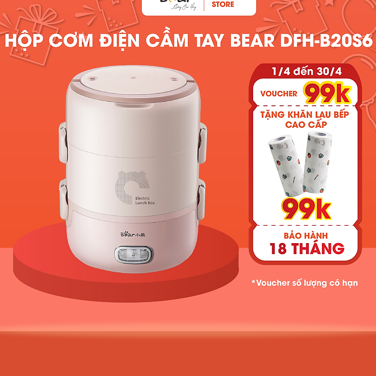 Hộp Cơm Điện 3 Tầng Bear Công Nghệ Giữ Nhiệt, Tự Nấu Hâm Nóng Tiện Lợi DFH-B20S6 - Hàng Chính Hãng