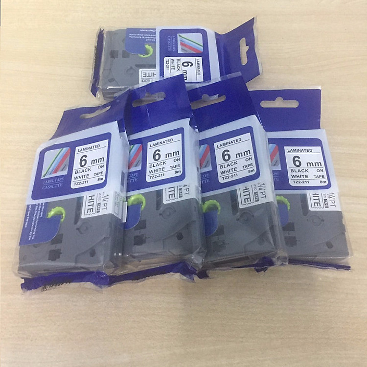 Combo 5 cuộn nhãn in TZ2-211 tiêu chuẩn - Chữ đen trên nền trắng 6mm - Hàng nhập khẩu