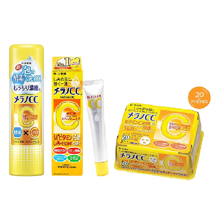 Bộ sản phẩm dưỡng trắng chống thâm nám Melano CC (Bọt rửa mặt 150g + Tinh chất 20ml + Mặt nạ 20 miếng)