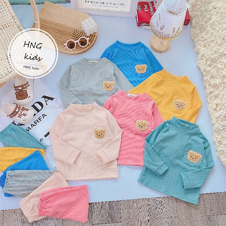 MINKY MOM Bộ Gân Tăm Có Túi Thêu Gấu Cho Bé (6-16kg)