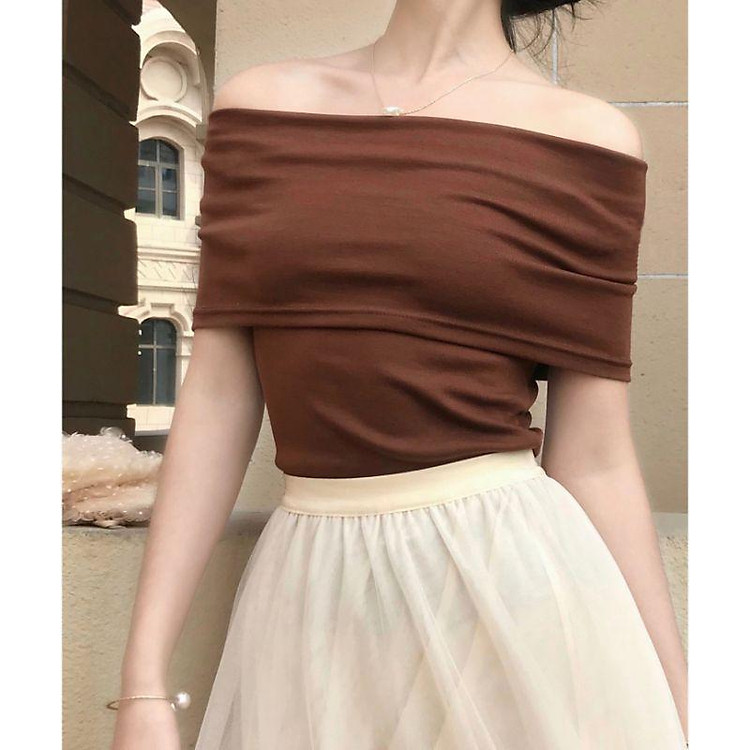 (SẴN) Áo trễ vai cotton nâu tây